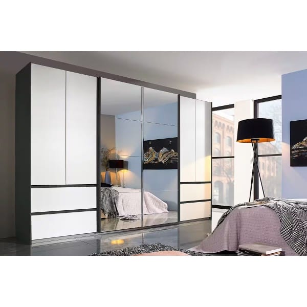 Dressing 315 cm lățime, 2 uși glisante, 4 batante, 4 sertare, oglindă pe mijloc, culoare alb-gri antracit, 210 cm înălțime
