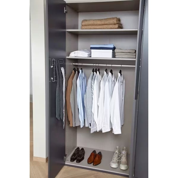 Dulap 301 cm lățime, 6 uși batante, material PAL, MDF, fronturi sticlă, culoare negru, compartimentare premium, înălțime 223 cm