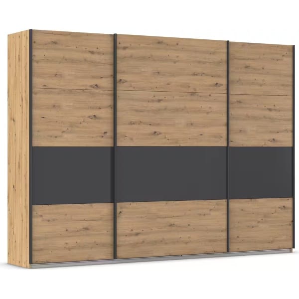Dressing 315 cm lungime, 3 uși glisante, culoare stejar cu gri antracit, compartimentare premium, 229 cm înălțime