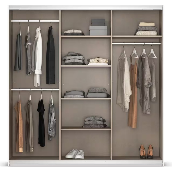 Dressing 201 cm lungime, 3 uși glisante, compartimentare premium, culoare gri antracit, 210 cm înălțime