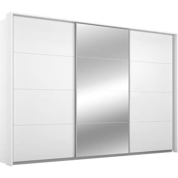 Dressing 278 cm lungime, cu rama inclusa, 3 uși batante, oglindă pe mijloc, culoare alb lucios, compartimentare premium, 214 cm înălțime