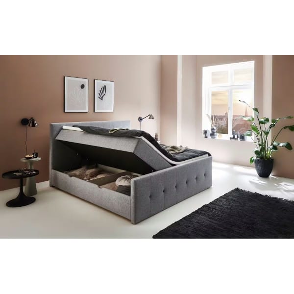 Boxspring 180x200 cm, cu lada de depozitare, 2 saltele și topper, material țesătură, culoare gri deschis