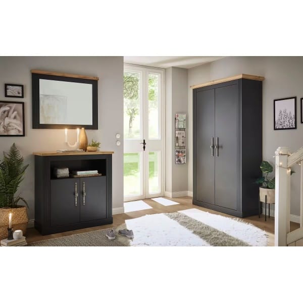 Dulap 108 cm lungime, tip pantofar, 2 uși batante, culoare gri antracit-stejar, 203 cm înălțime