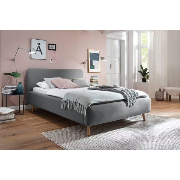 Cadru pat 140x200 cm, material țesătură, picioare înalte din lemn, culoare gri