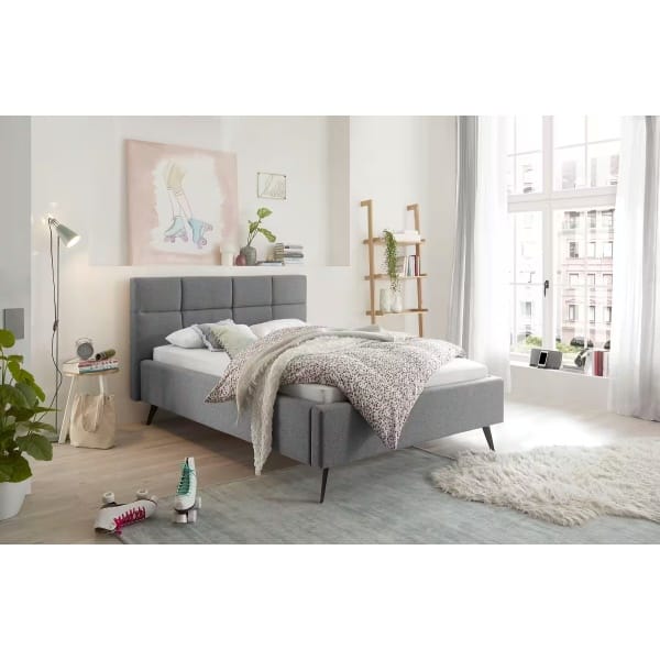 Cadru pat 140x200 cm, material țesătură, picioare înalte metalice, culoare gri - imagine 1