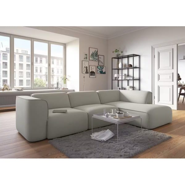 Colțar fix, cu picior pe dreapta, culoare gri, material țesătură fină, 295/162 cm
