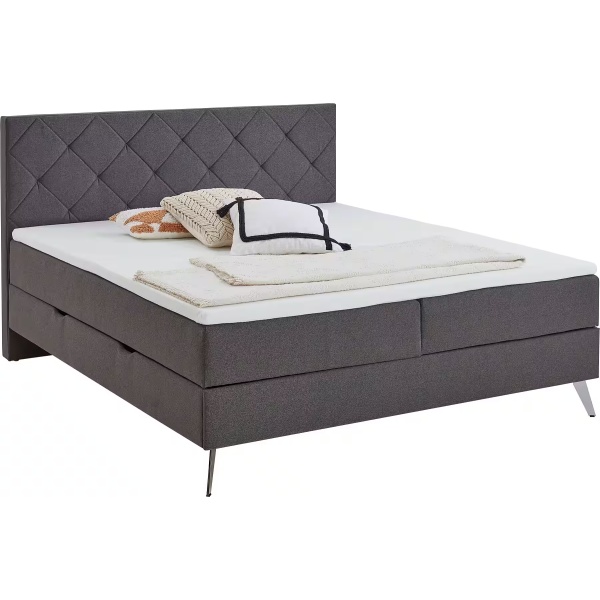 Boxspring 180x200 cm, lada de depozitare, saltele și topper inclus, culoare gri antracit, material țesătură, cu picioare înalte