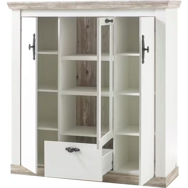 Vitrină ~Barcelona~ cu aspect modern, culoare alb murdar-sonoma, mânere negre, 140 cm lungime