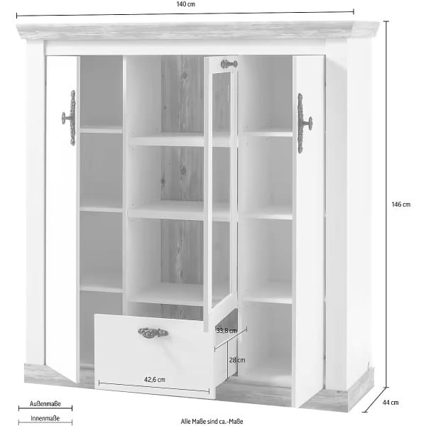 Vitrină ~Barcelona~ cu aspect modern, culoare alb murdar-sonoma, mânere negre, 140 cm lungime