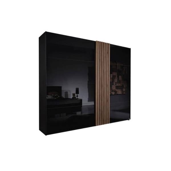 Dressing 240 cm lungime, 2 uși glisante, fronturile sticlă neagră + riflaje, 223 cm înălțime