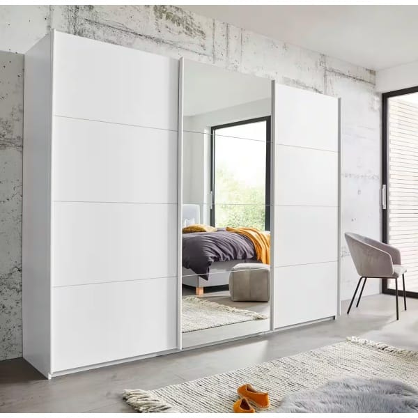 Dressing 203 cm lungime, 3 uși glisante, oglindă pe mijloc, culoare alb, compartimentare premium, 210 cm înălțime