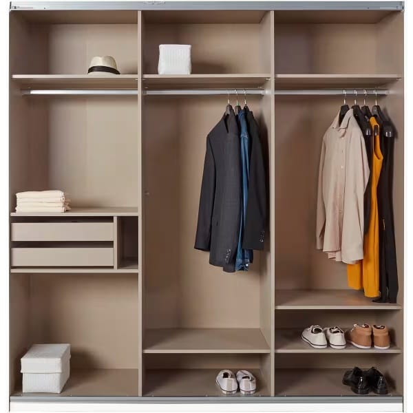 Dressing 203 cm lungime, 3 uși glisante, oglindă pe mijloc, culoare alb, compartimentare premium, 210 cm înălțime