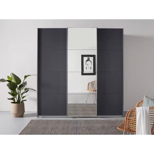 Dressing 203 cm lungime, 3 uși glisante, oglindă pe mijloc, culoare gri antracit, compartimentare premium, 210 cm înălțime