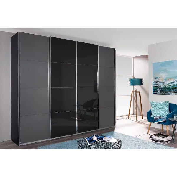 Dressing 316 cm lungime, 4 uși glisante, ușile din mijloc cu sticlă neagră, culoare gri antracit, 230 cm înălțime