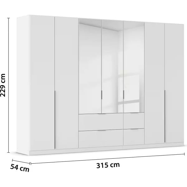 Dulap 315 cm lungime, 7 uși batante și 4 sertare, oglindă pe mijloc, culoare alb, 229 cm înălțime