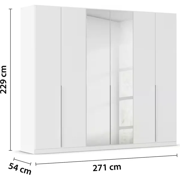 Dulap 271 cm lungime, 6 uși batante, oglindă pe mijloc, culoare albă, compartimentare premium, 229 cm înălțime