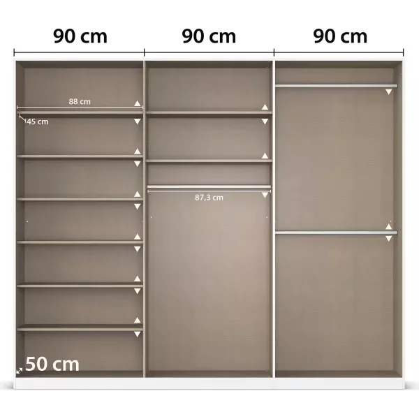 Dulap 271 cm lungime, 6 uși batante, oglindă pe mijloc, culoare albă, compartimentare premium, 229 cm înălțime