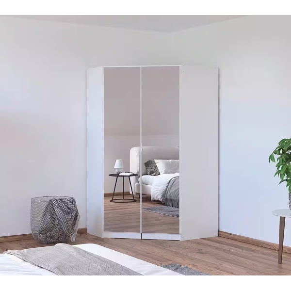 Dulap pe colț 117/104 cm, culoare alb, oglinda pe mijloc, 197 cm înălțime - imagine 1