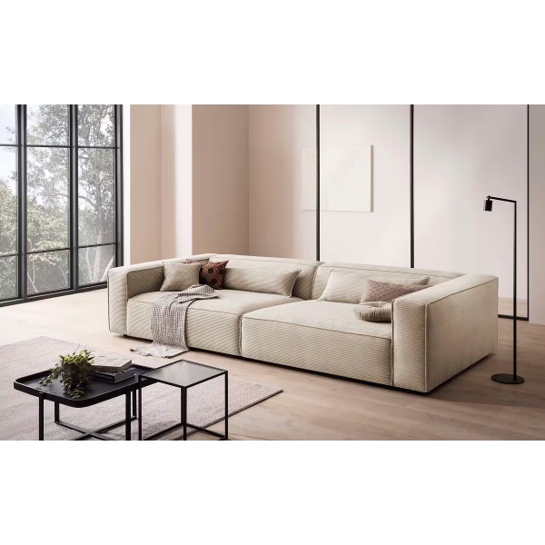 Canapea fixă XXL, culoare crem, material velur catifelat, 316 cm lungime