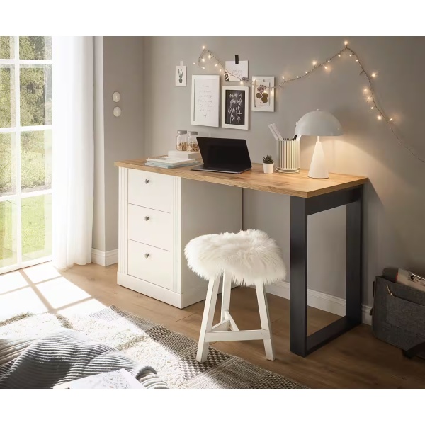Birou ~Mykonos~ cu aspect rustic, romantic, culoare stejar-alb-gri antracit, 138 cm lungime