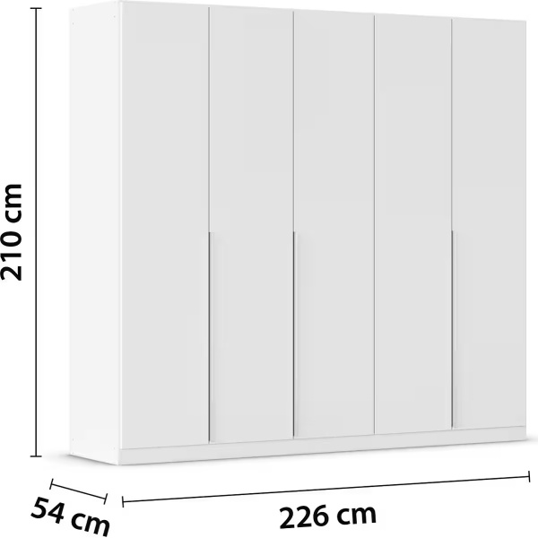 Dulap 226 cm lungime, 5 uși batante, 3 oglinzi, culoare alb, 210 cm înălțime