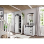 Dulap hol, in stil rustic, culoare alb murdar-negru, cu usi tip hambar,o usa batanta, compartimentare premium,