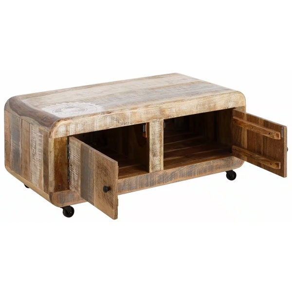 Măsuță de cafea vintage cu rotile, material lemn masiv de mango, 110 cm lungime
