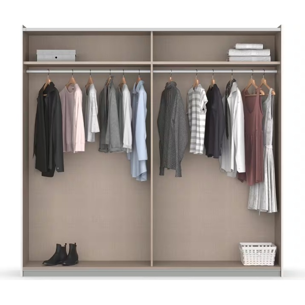 Dressing 218 cm lungime, 2 uși glisante, culoare alb-crem, mânere negre, 210 cm înălțime