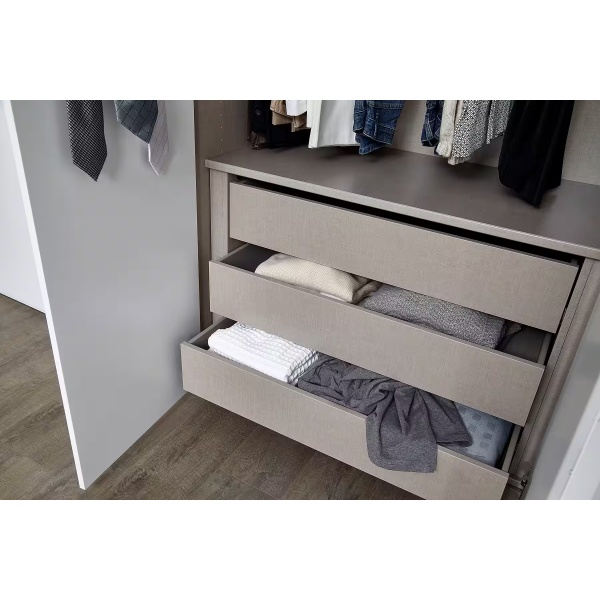 Dulap 301 cm lungime, 6 uși batante, culoare gri mătase, compartimentare premium, 223 cm înălțime