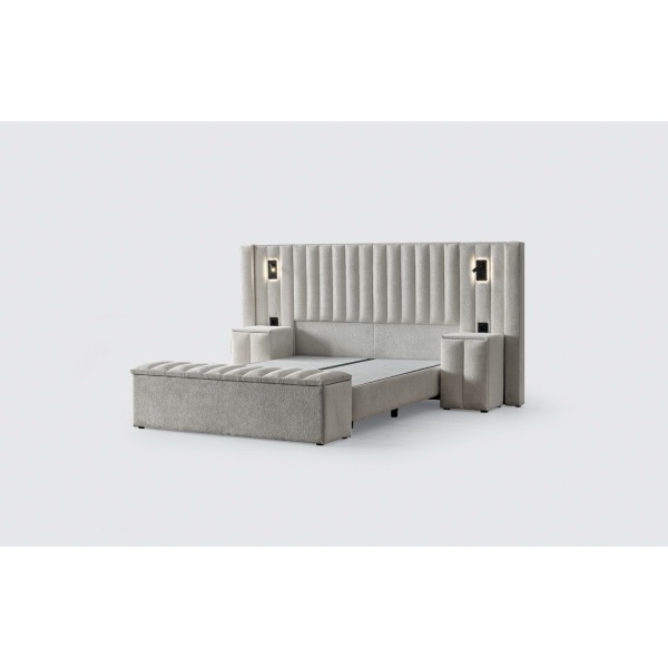 Boxspring ~PALAZZO~ cu lada de depozitare, structura metalica, saltea premium cu topper integrat, material boucle catifelat, culoare simphony Pearl - imagine 3