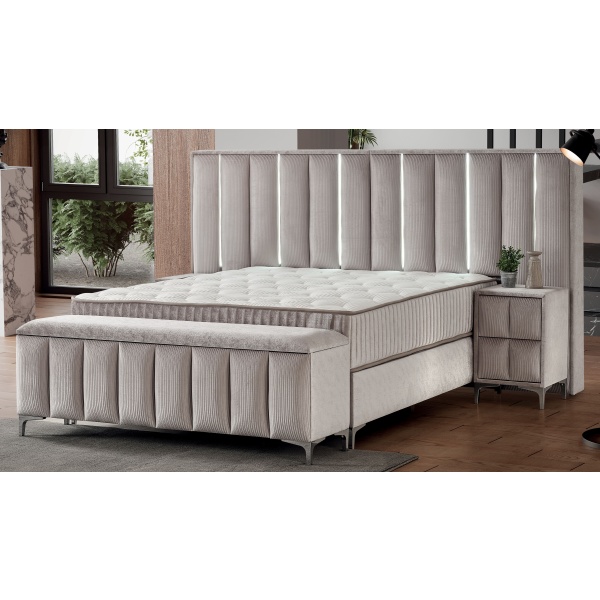 Boxspring ~STARLIGHT~ cu lada de depozitare, saltea premium cu topper inclus, structura metalica, LED-uri si charger USB - imagine 1
