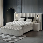 Boxspring ~PALAZZO~ cu lada de depozitare, structura metalica, saltea premium cu topper integrat, material boucle catifelat, culoare simphony Pearl