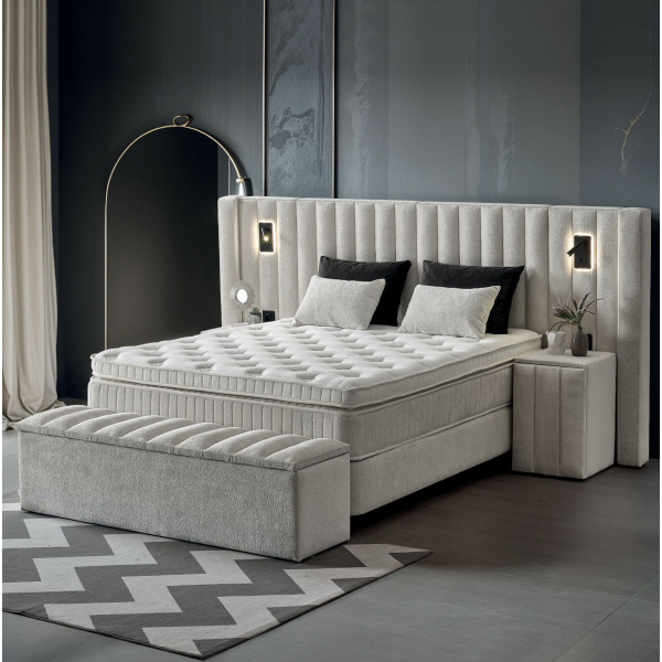 Boxspring ~PALAZZO~ cu lada de depozitare, structura metalica, saltea premium cu topper integrat, material boucle catifelat, culoare simphony Pearl - imagine 1