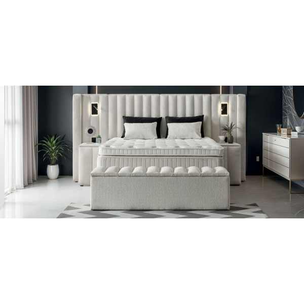 Boxspring ~PALAZZO~ cu lada de depozitare, structura metalica, saltea premium cu topper integrat, material boucle catifelat, culoare simphony Pearl - imagine 2