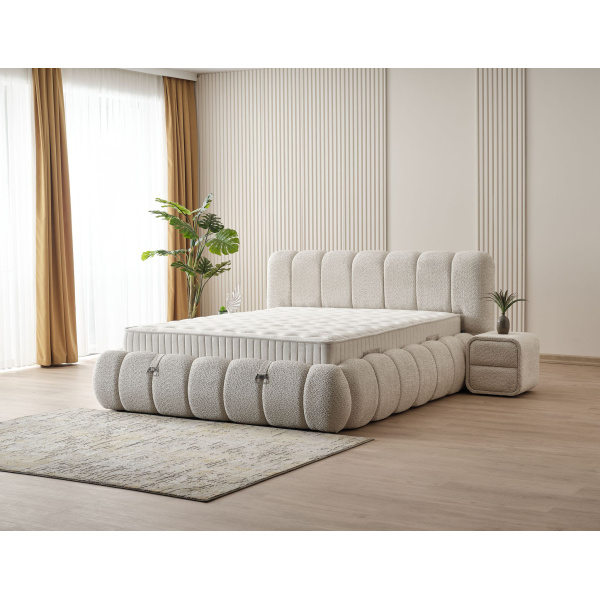 Boxspring ~ZARO~ lada de depozitare, structura metalica, saltea premium, material boucle - imagine 1
