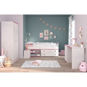 Set dormitor fetiță, format din 4 piese, cu accente roz, material lemn masiv de pin, culoare alb murdar