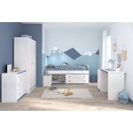 Set dormitor băiețel, format din 5 piese, cu accente albastre, culoare alb murdar, material lemn masiv de pin
