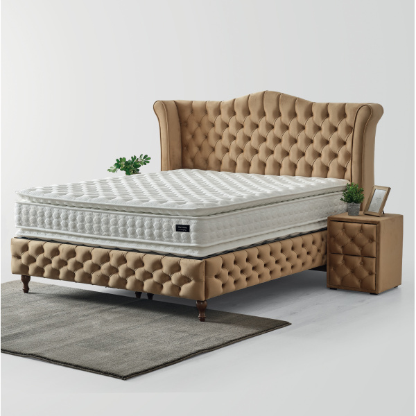 Pat boxspring ~IMPERIAL~ cu lada de depozitare, saltea cu topper inclus, material catifelat