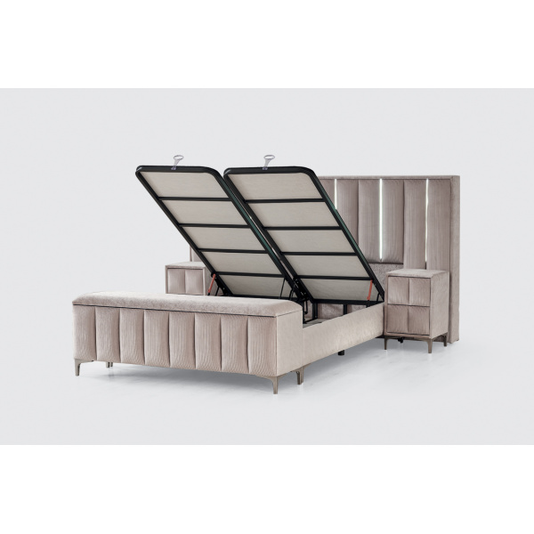 Boxspring ~STARLIGHT~ cu lada de depozitare, saltea premium cu topper inclus, structura metalica, LED-uri si charger USB - imagine 5