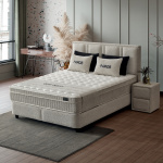 Boxspring ~PAROS~ 160x200 cm, lada de depozitare, saltea cu topper, culoare ivory, material boucle