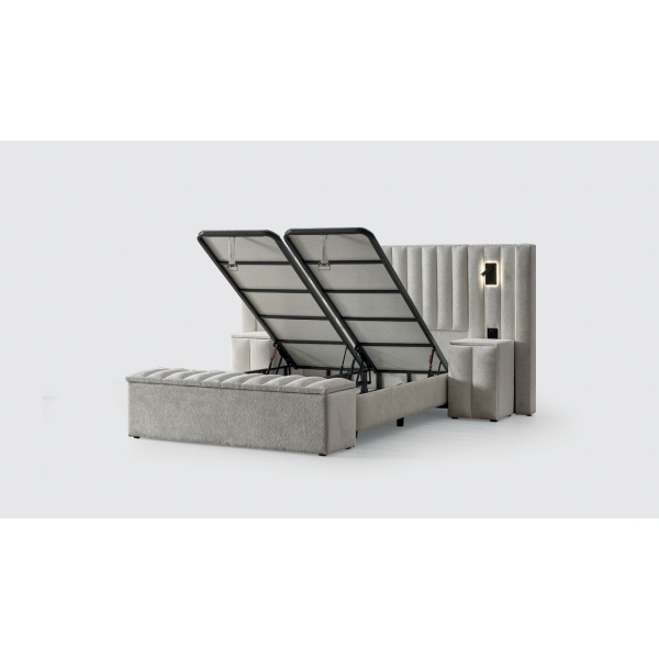 Boxspring ~PALAZZO~ cu lada de depozitare, structura metalica, saltea premium cu topper integrat, material boucle catifelat, culoare simphony Pearl - imagine 4