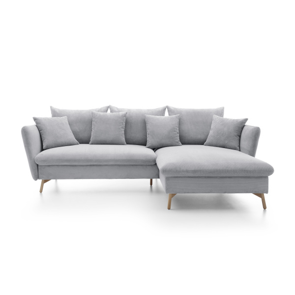 Colțar ~RIVARO~ extensibil cu ladă de depozitare, material velur raiat, culoare gri deschis, picioare lemn, 258/164 cm - imagine 2