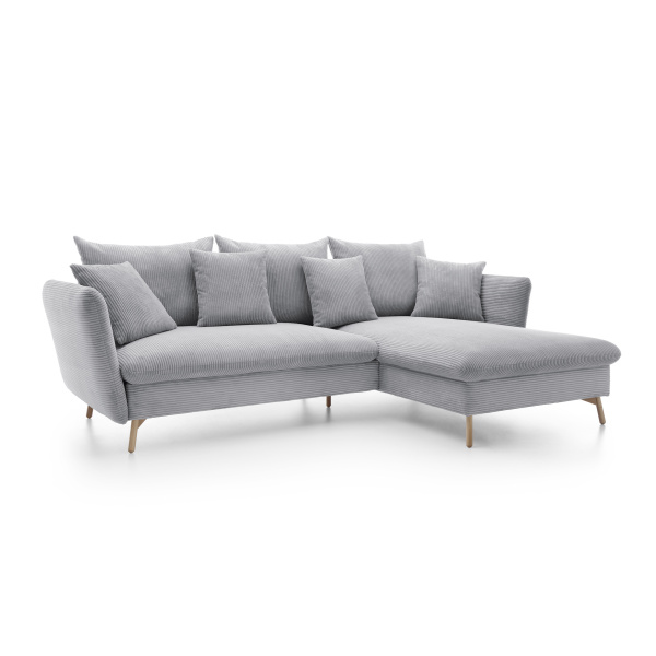 Colțar ~RIVARO~ extensibil cu ladă de depozitare, material velur raiat, culoare gri deschis, picioare lemn, 258/164 cm - imagine 3