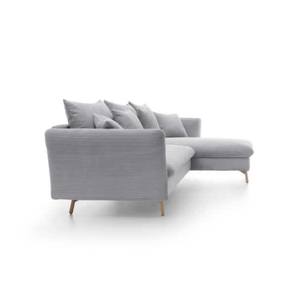 Colțar ~RIVARO~ extensibil cu ladă de depozitare, material velur raiat, culoare gri deschis, picioare lemn, 258/164 cm - imagine 4