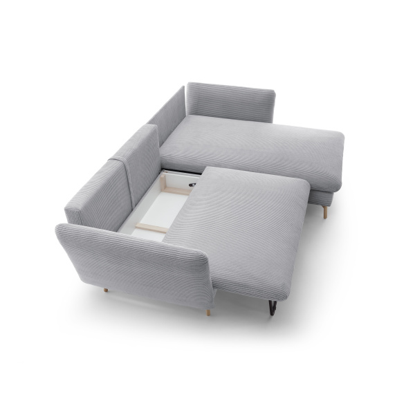 Colțar ~RIVARO~ extensibil cu ladă de depozitare, material velur raiat, culoare gri deschis, picioare lemn, 258/164 cm - imagine 5