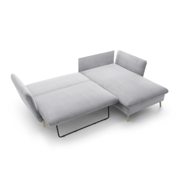 Colțar ~RIVARO~ extensibil cu ladă de depozitare, material velur raiat, culoare gri deschis, picioare lemn, 258/164 cm - imagine 6