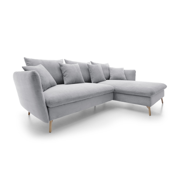 Colțar ~RIVARO~ extensibil cu ladă de depozitare, material velur raiat, culoare gri deschis, picioare lemn, 258/164 cm - imagine 7