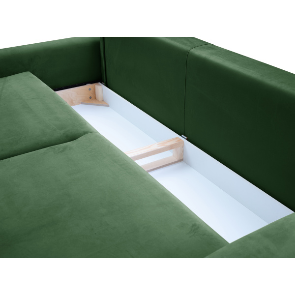 Canapea ~NERA~ extensibilă cu ladă de depozitare, picior negru lemn, material catifelat, culoare verde smarald, 244 cm lungime - imagine 3