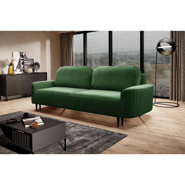 Canapea ~NERA~ extensibilă cu ladă de depozitare, picior negru lemn, material catifelat, culoare verde smarald, 244 cm lungime - imagine 1