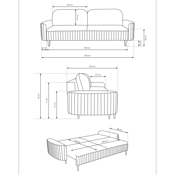Canapea ~NERA~ extensibilă cu ladă de depozitare, material catifelat, picioare negre lemn, 244 cm lungime - imagine 6